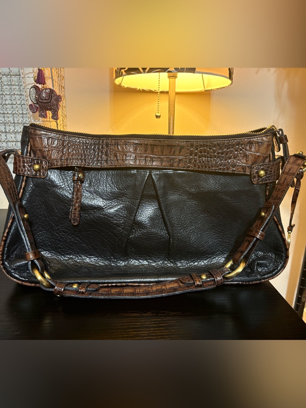 Brahmin Black Leather Messenger with Brown Croc-Trim